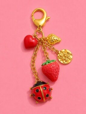 Strawberry Ladybug Luck Charm Keychain Gold Accessory